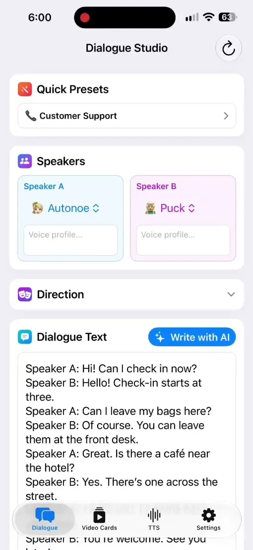 Tau34: preset Customer Support e voci Autonoe e Puck per il dialogo in albergo