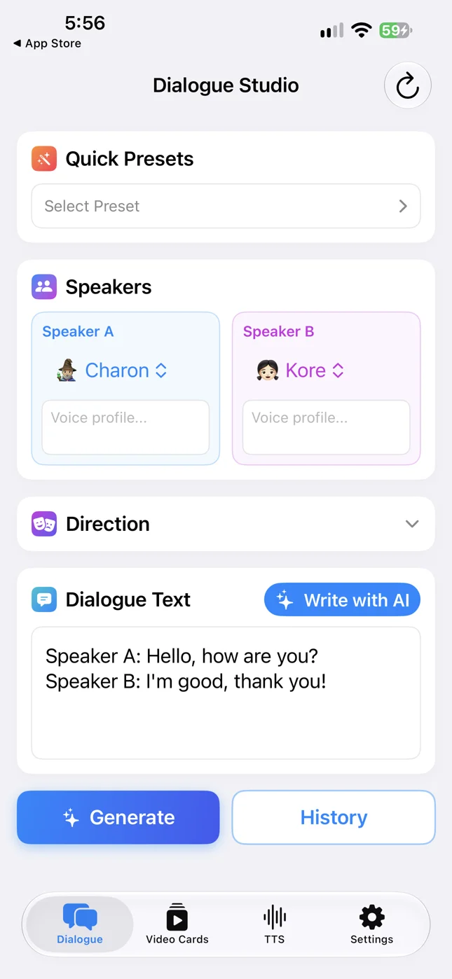 Dialogue Studio: Quick Presets, hai giọng và Dialogue Text.