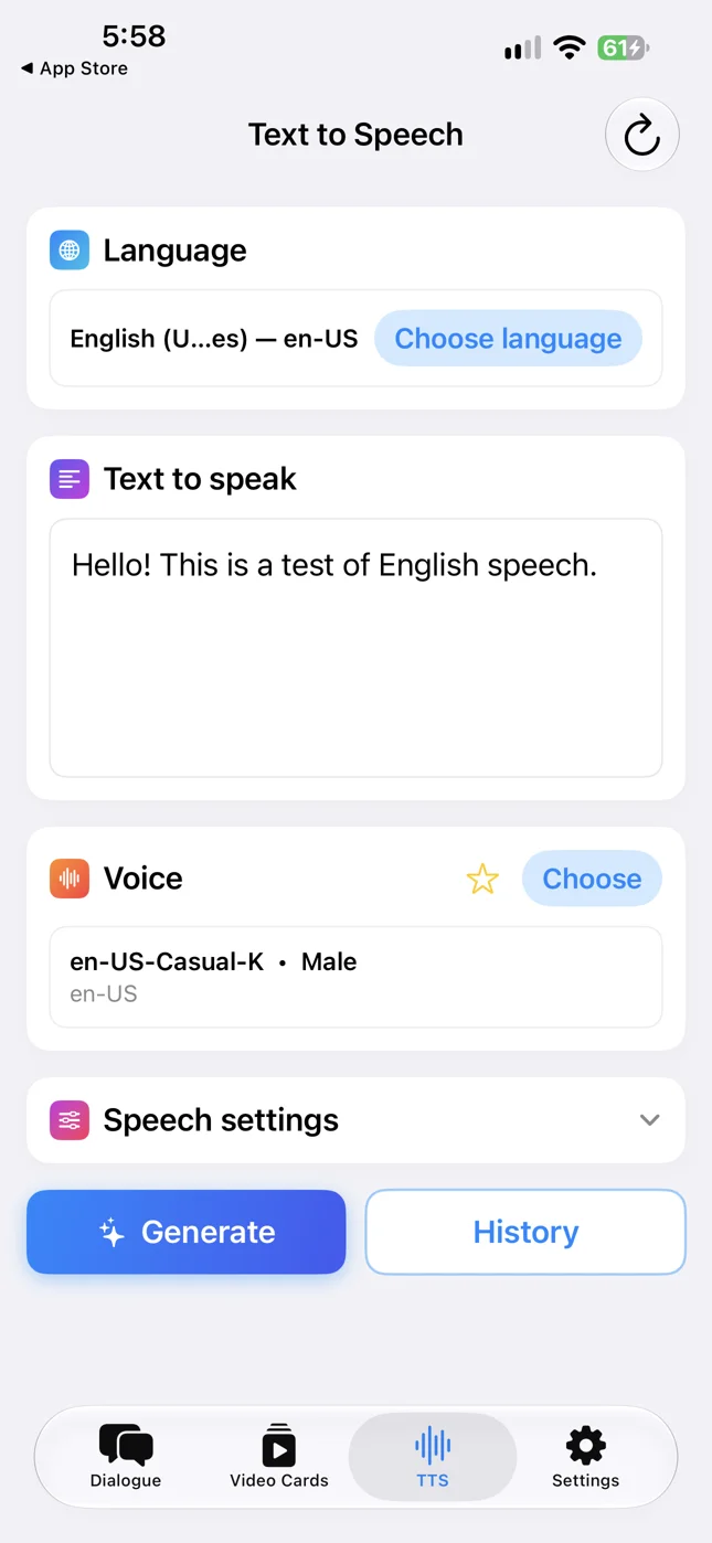 Text to Speech: ngôn ngữ, văn bản và giọng đã chọn.