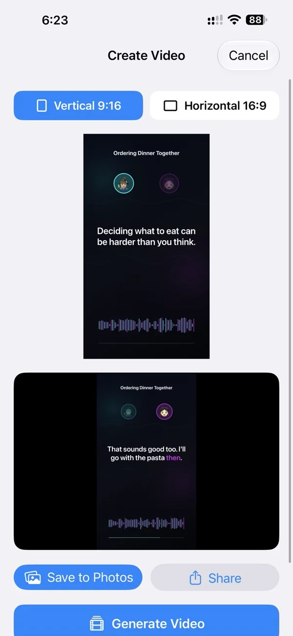 生成后的 Create Video 页面，包含成品播放器以及 Save to Photos（存储到照片）/ Share（分享）按钮。